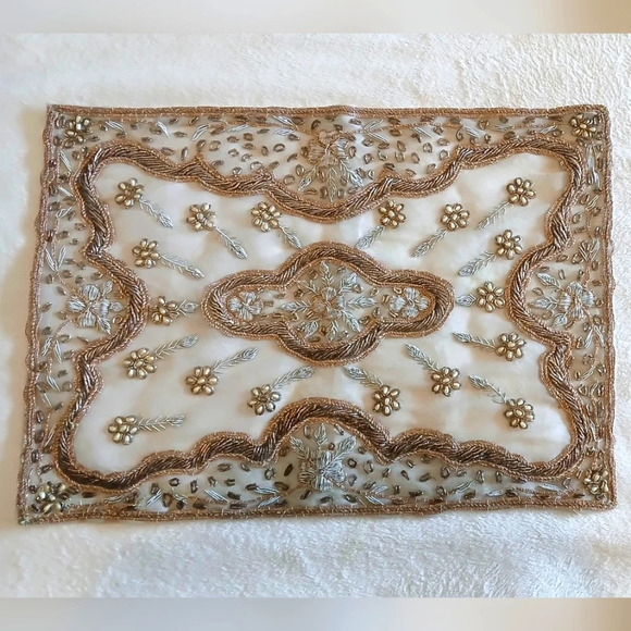 Vintage Gold Threaded Pearl Beaded Hand Sewn Table Centerpiece Tabletop Doiley - Picture 1 of 12